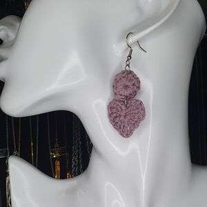 Light purple crochet heart earrings with stainless steel hook and jump rings